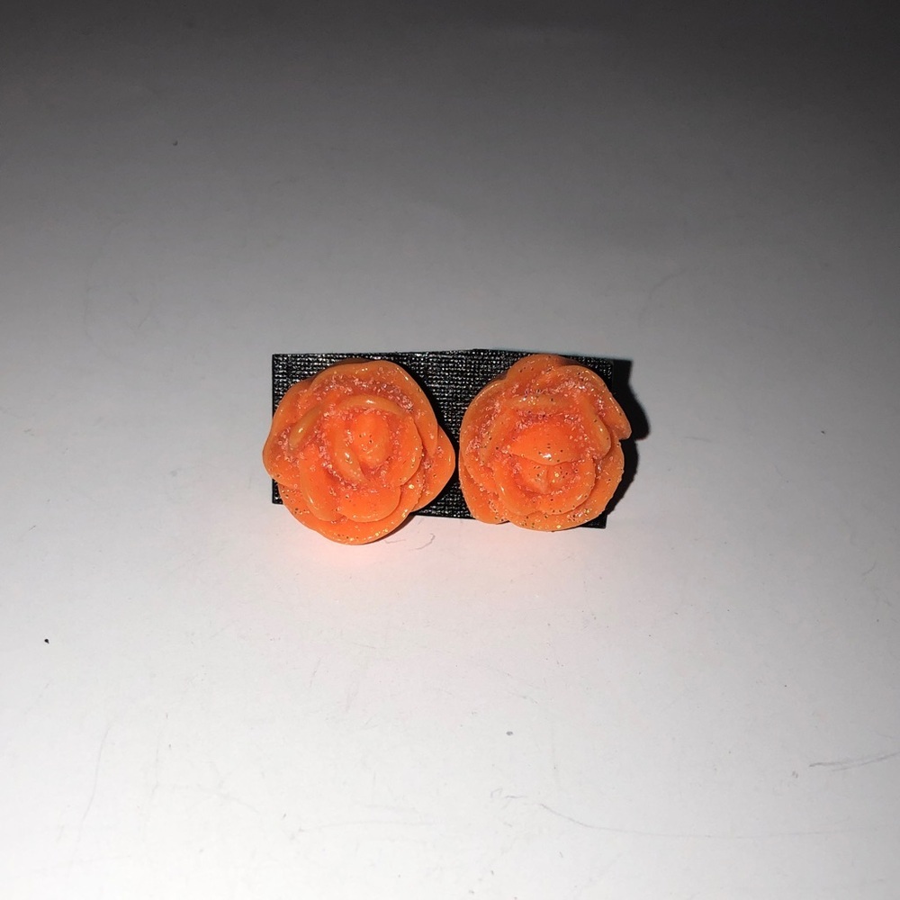 Vintage Orange Rose Glitter Stud Earrings – 1/2”